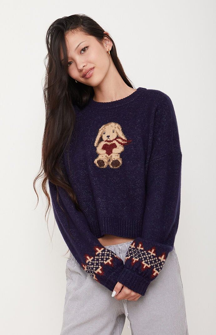 The LA Hearts Ski Bunny Sweater brings playful style to your wardrobe with its cozy knit fabric and eye-catching jacquard graphic. Featuring long sleeves, a crew neckline, and a trendy cropped length with dropped shoulders, it’s perfect for a casual yet chic look.Knit fabricJacquard graphicLong sleevesDropped shouldersCrew necklineCropped lengthRibbed trimming62% acrylic, 28% nylon, 8% wool, 2% spandexHand washModel is wearing a size smallModel measurements: 5’8.5” height, 32” bust, 23.5” waist, 35” hips LA Hearts Womens Ski Bunny Sweater - Blue size XS Bunny Sweater, Ski Bunny, Ski Bunnies, Womens Ski, Refer A Friend, Kids Activewear, Ski Sweater, Fall Wardrobe Essentials, Playful Style