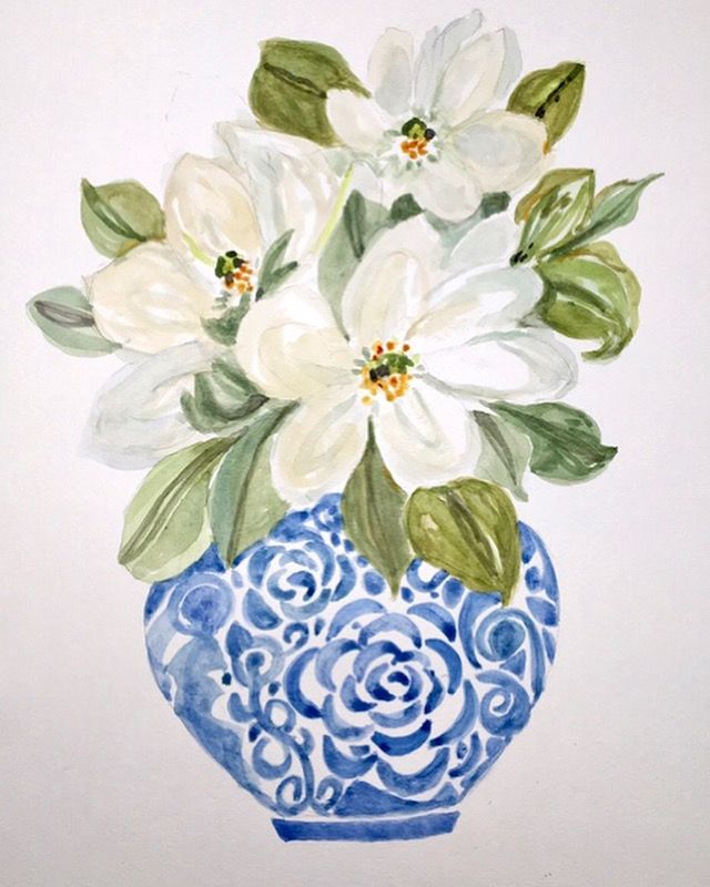 a painting of white flowers in a blue and white vase with green leaves on it