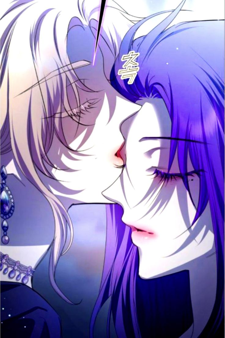 two anime characters are kissing each other with their eyes closed and one is wearing purple hair