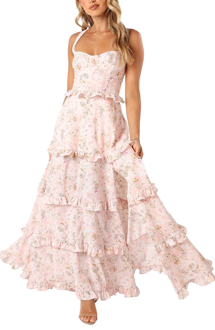 Petal & Pup Lillee Floral Print Tiered Maxi Dress | Nordstrom Floral Ball Gown Fairytale, Floral Champagne Dress, Cottage Core Long Dress, Floral Dresses For Wedding Guest, Floral Picnic Dress, Dresses For Sweet 16 Guest, Light Pink Ruffle Prom Dress, Western Floral Dress, Long Brunch Dress