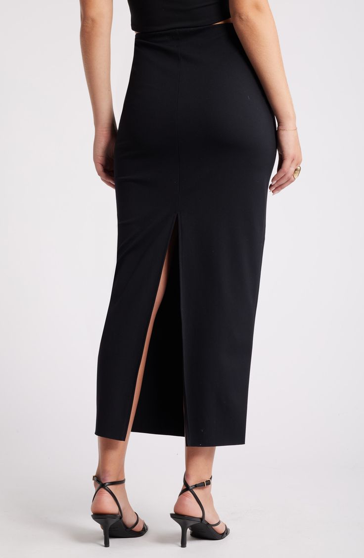 A smooth maxi skirt crafted from the brand's softest fabric contours to your silhouette for a look that easily transitions from the office to evening. 37" length (size Medium) Partially lined Concealed-elastic waist 75% nylon, 25% spandex Machine wash, tumble dry Imported Formal Skirt With Side Slits, Black Pencil Maxi Skirt For Office, Formal Long Skirt With Side Slits, Evening Midi Skirt In Elastane, Elegant Pencil Skirt Bottoms With Side Slits, Evening Pencil Skirt With Side Slits, Elegant Pencil Skirt With Side Slits, Elegant Evening Maxi Skirt In Elastane, Fitted Long Inseam Solid Maxi Skirt