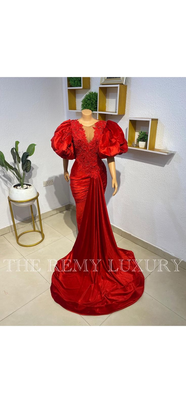 luxury red gown with drapes and a red appliqués, a front train and puffy sleeves Luxury Red Dresses With Ruffles, Luxury Red Ruffled Dresses, Wedding Dressses, Red Gowns, Puffy Sleeves, Dinner Dress, Luxury Dress, Birthday Dresses, Dress Clothes For Women