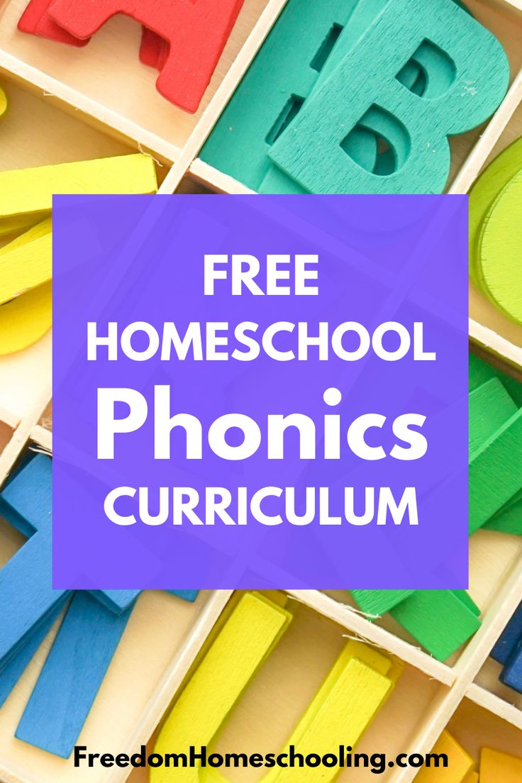 the words free homeschool phonics and letters in wooden blocks with text overlay