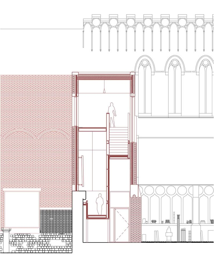 an architectural drawing shows the interior and exterior of a building, with red brick walls