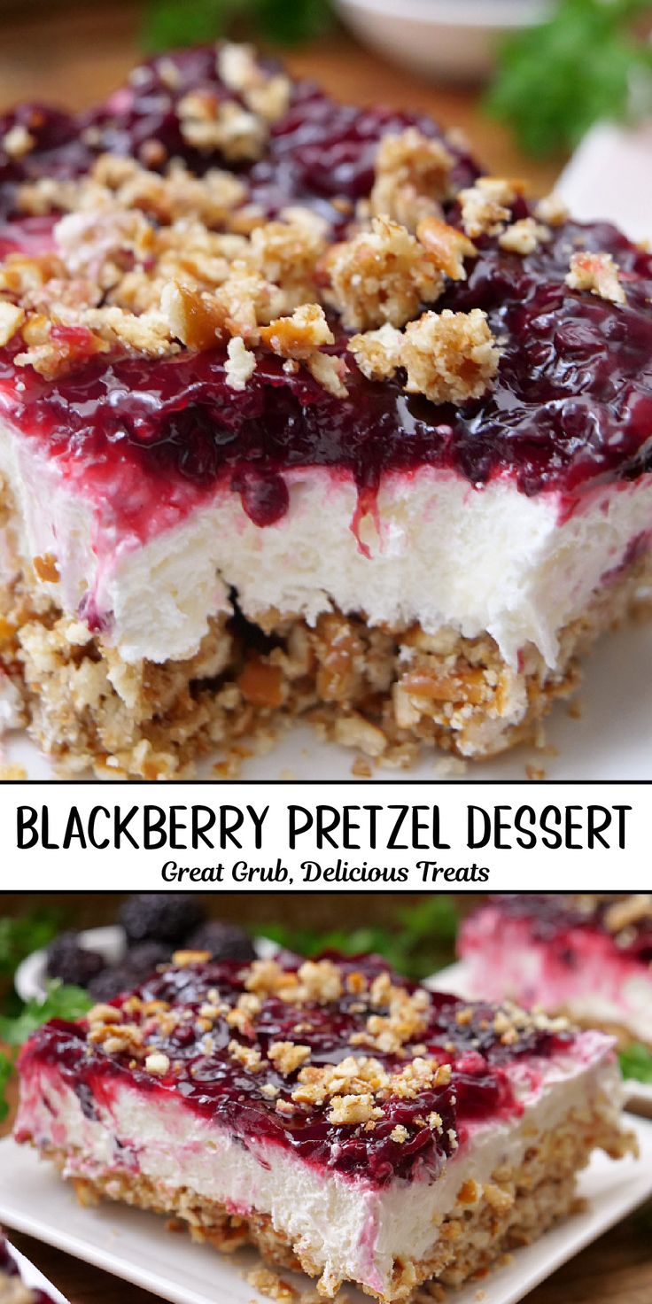 A double photo collage of blackberry pretzel dessert that has a pretzel crust, a cream cheese filling, and topped with a homemade blackberry topping. Strawberries And Blackberries Recipes, Desserts To Take To Work, My Incredible Recipes.com Desserts, Blackberry Dessert Recipes Easy, Recipes With Blackberry Jam, Pitch In Desserts, Berry Pretzel Dessert, Easy Recipes For Crowd, Casserole Dessert Recipes