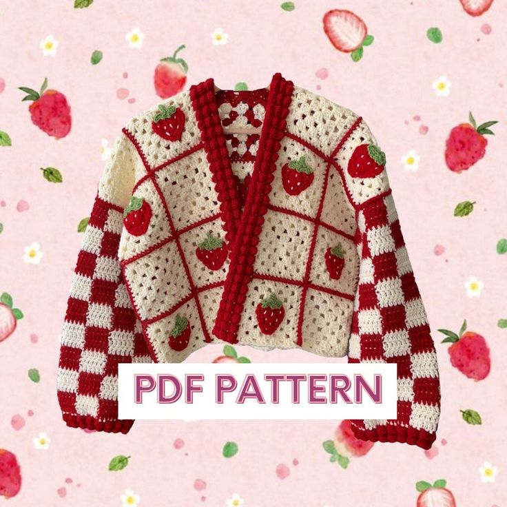 a knitted sweater with strawberries on it and the words, free pattern written below