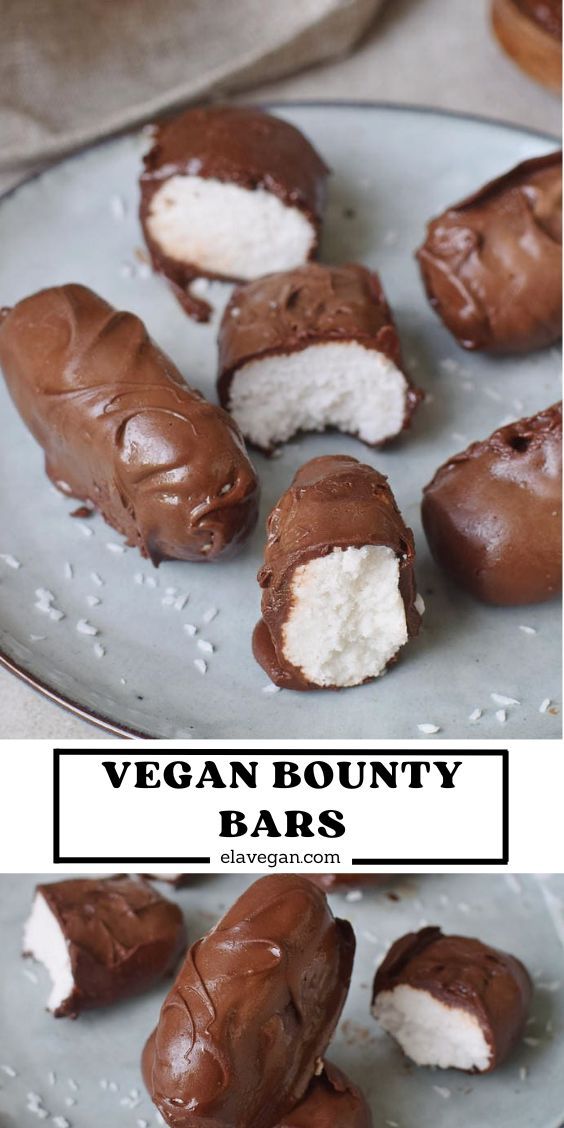 chocolate covered desserts on a plate with the words vegan bounty bars