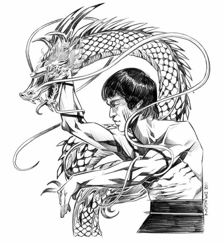 an ink drawing of a man holding a bow with a dragon on his shoulder next to him