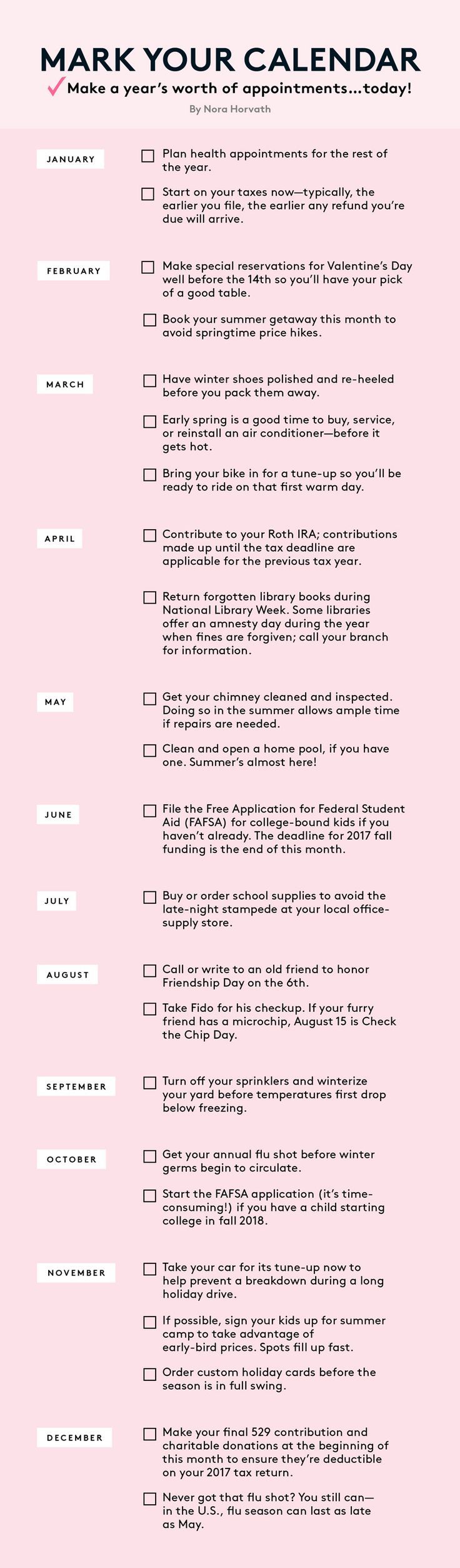 a pink and white checklist with the words mark your calendar