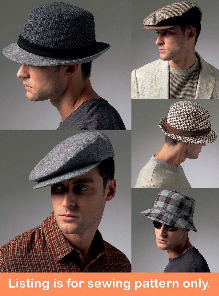 "Sewing Pattern Make Classic Hats for Men Uncut and Factory Folded This listing is for one sewing pattern to make all of the items listed below. Directions and pattern pieces are included. Please note that anything else shown as well as any fabric or supplies needed are not included. These classic hats will have him looking so stylish! Sew any or all of the five styles shown. They are all lined and can be made in four different sizes. Sew them with contrast bands, sides, and brims from wool, twe Mens Hat Pattern, Sundress Sewing Patterns, Hat Sewing Pattern, Hat Sewing, Tweed Hat, Tam O' Shanter, Hat Patterns To Sew, Mens Hat, Sewing Patterns Girls