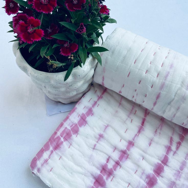 a potted plant sitting on top of a white table next to a red and white blanket