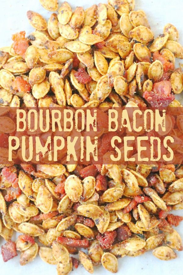 the words bourbon bacon pumpkin seeds are written on top of it