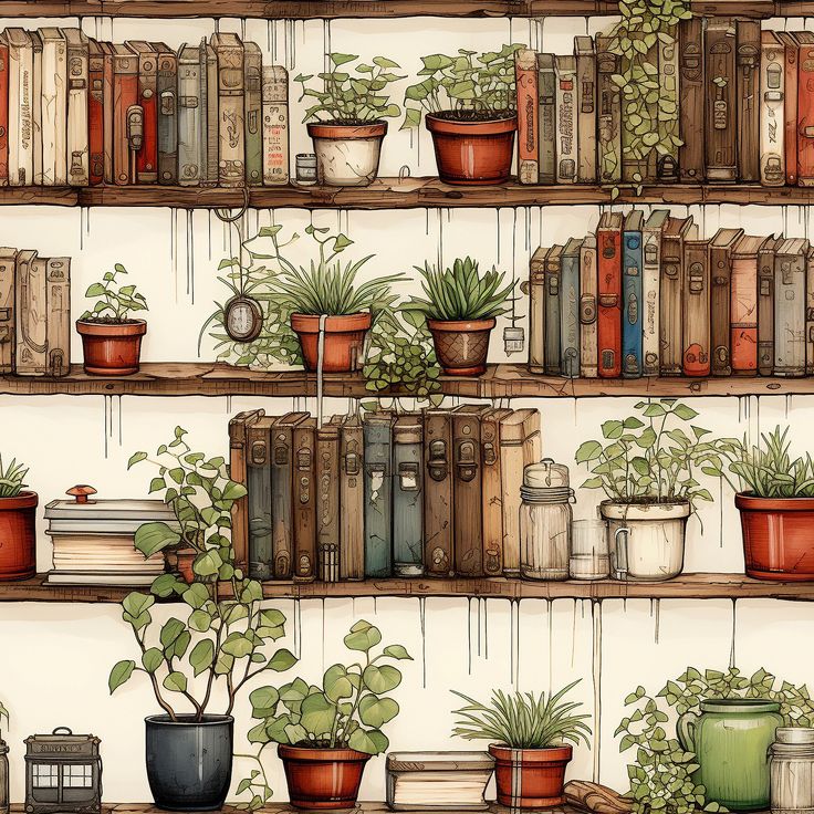 the shelves are filled with books, plants and potted planters in pots on them