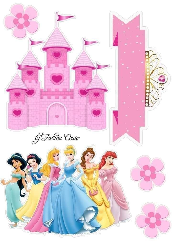 the disney princesses are standing in front of a castle with pink flowers on it