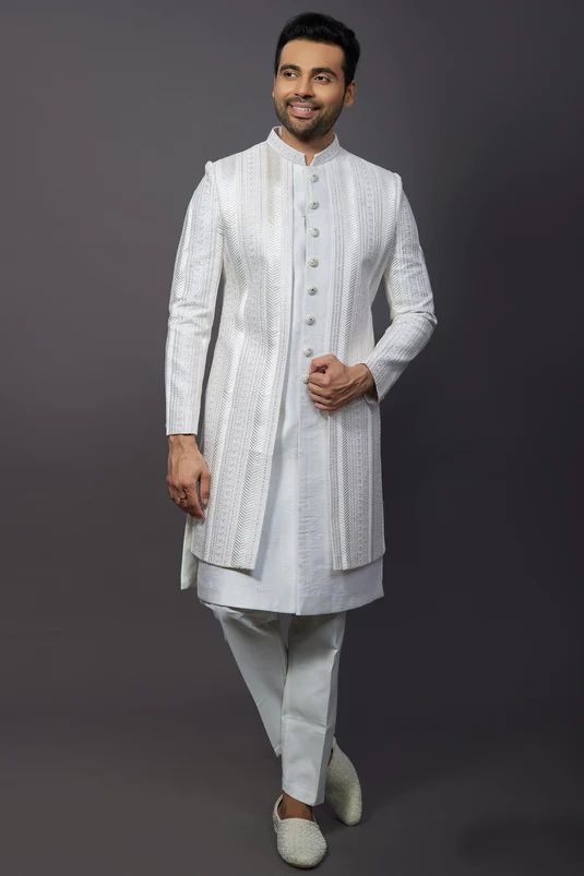 Off White Silk Fabric Wedding Wear Trendy Readymade Indo Western For M Sherwani Kurta For Men, Jacket Sherwani For Men, Formal Outfit For Men Weddings, Mens Outfit For Wedding Function, White Sherwani Indian Groom, Sadri Kurta For Men, Sherwani For Men Wedding Indian Groom, White Kurta Men, Indowestern Outfits For Men