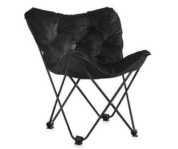 a black chair sitting on top of a metal frame