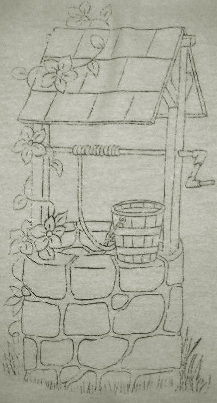 a drawing of a house with flowers and a bucket