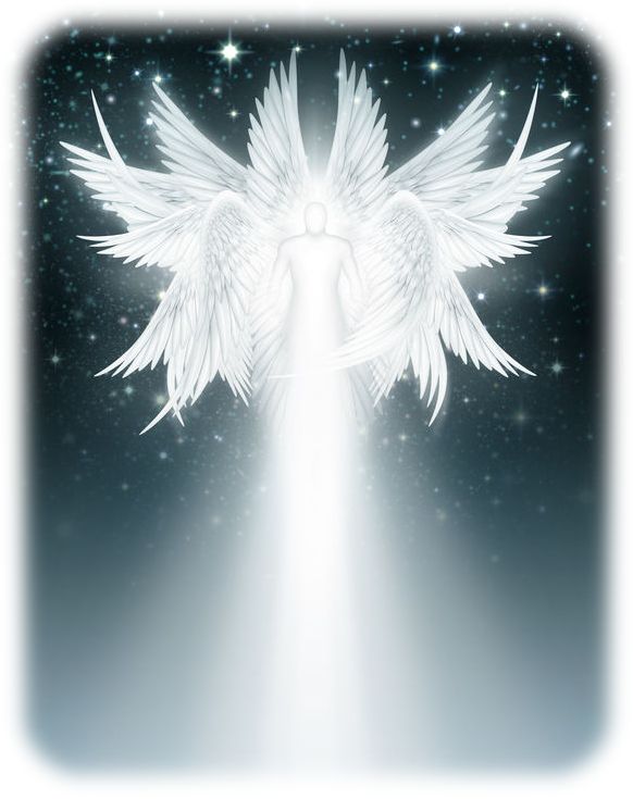 an angel with white wings flying in the sky above stars and light beams royalty illustration