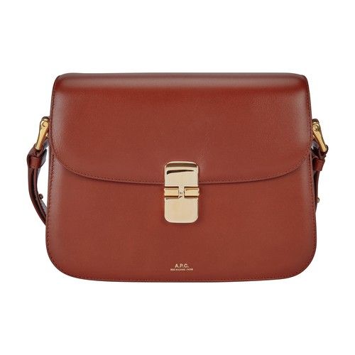 Women's Grace bag | A.P.C. | 24S Luxury Tan Satchel With Adjustable Strap, Classic Brown Flap Bag With Branded Hardware, Everyday Luxury Saddle Bag With Branded Hardware, Designer Flap Bag With Branded Hardware, Designer Everyday Shoulder Bag With Double Flap, Designer Double Flap Shoulder Bag For Everyday, Designer Tan Satchel With Adjustable Strap, Classic Rectangular Bag With Branded Hardware, Classic Rectangular Bags With Branded Hardware