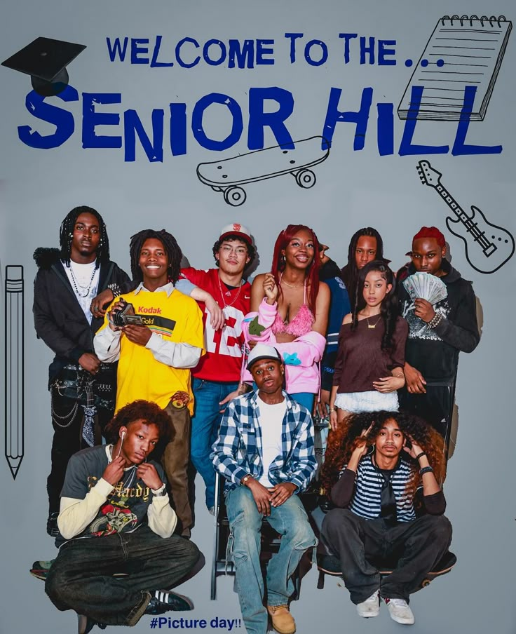 a group of people posing for a photo in front of a sign that says welcome to the senior hill