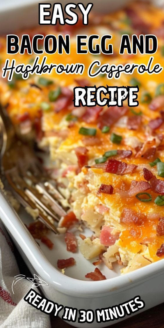 bacon egg and hashbrown casserole recipe in a white dish with a fork