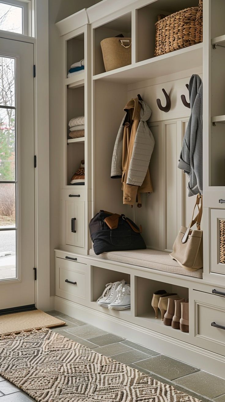 Modern entryway storage system with built-in shelves, coat hooks, and seating bench in a modern home, showcasing organization and functionality. Mudroom Hooks And Bench, Mushroom Bench, Entryway Bench Decor Ideas, Entranceway Ideas, Bench Decor Ideas, Modern Entryway Storage, Mudroom Shelves, Florida Lake House, Hall Bench With Storage