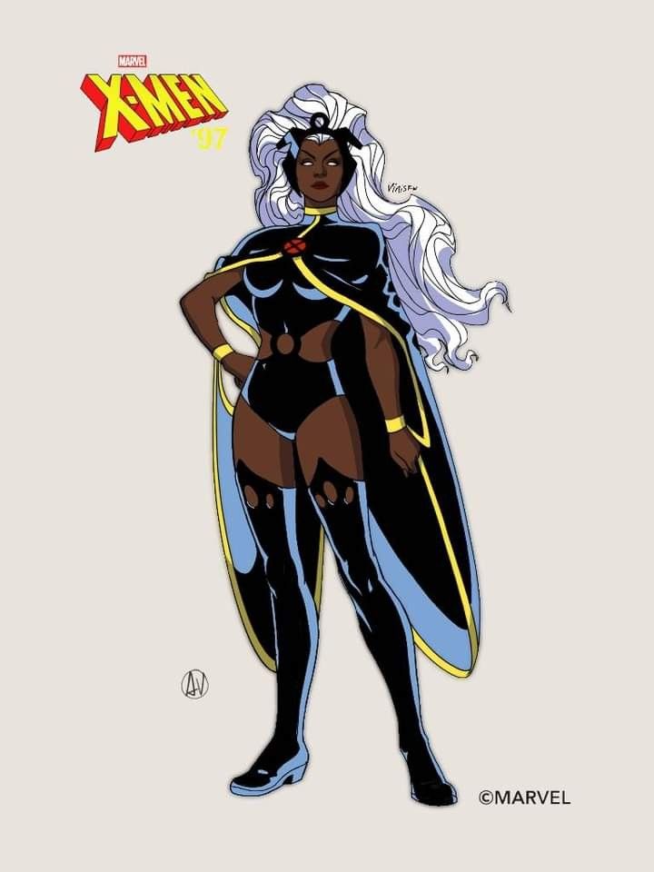 an illustration of a woman in black and yellow costume with white hair, standing on a gray background