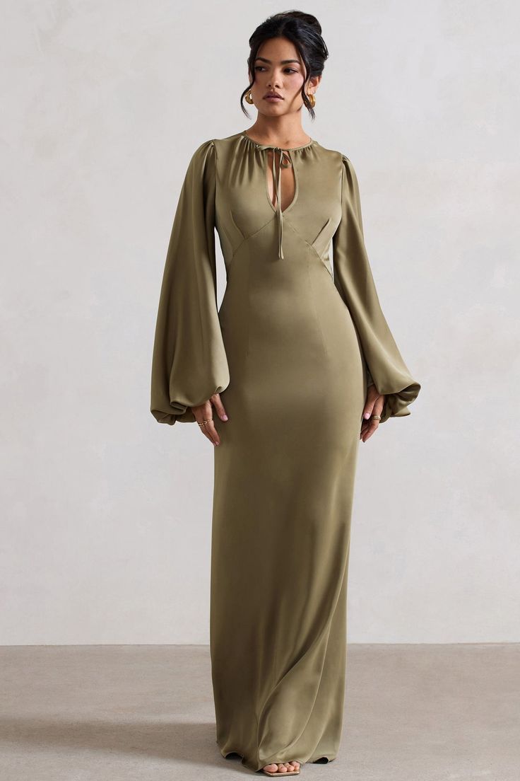 Wild Rose Olive Satin Puff-Sleeve Cut-Out Maxi Dress – Club L London - USA Sleek Hairstyle, Wife Aesthetic, Autumn Soft, Natural Essence, Club L London, Black Dress Prom, Soft Dramatic, Voluminous Sleeves, Black Tie Gala