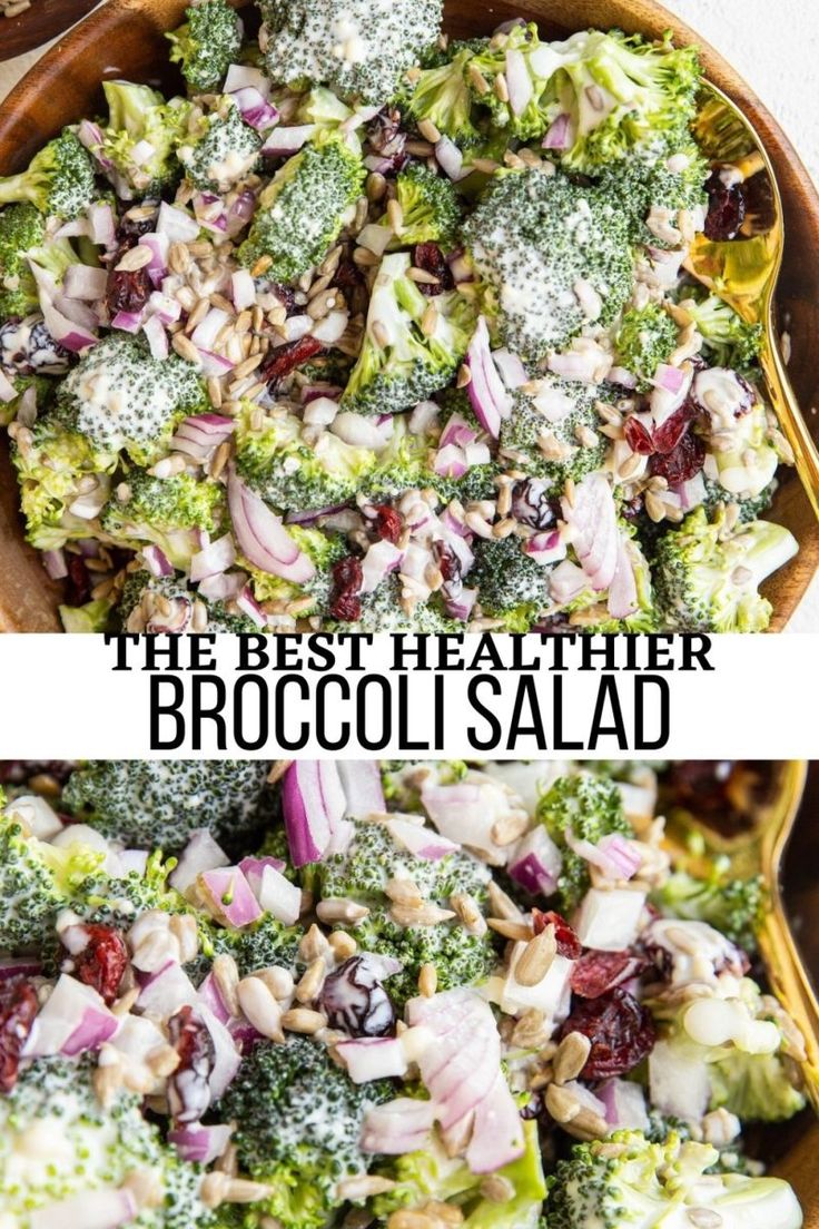 broccoli salad with cranberries and nuts in a wooden bowl on a table