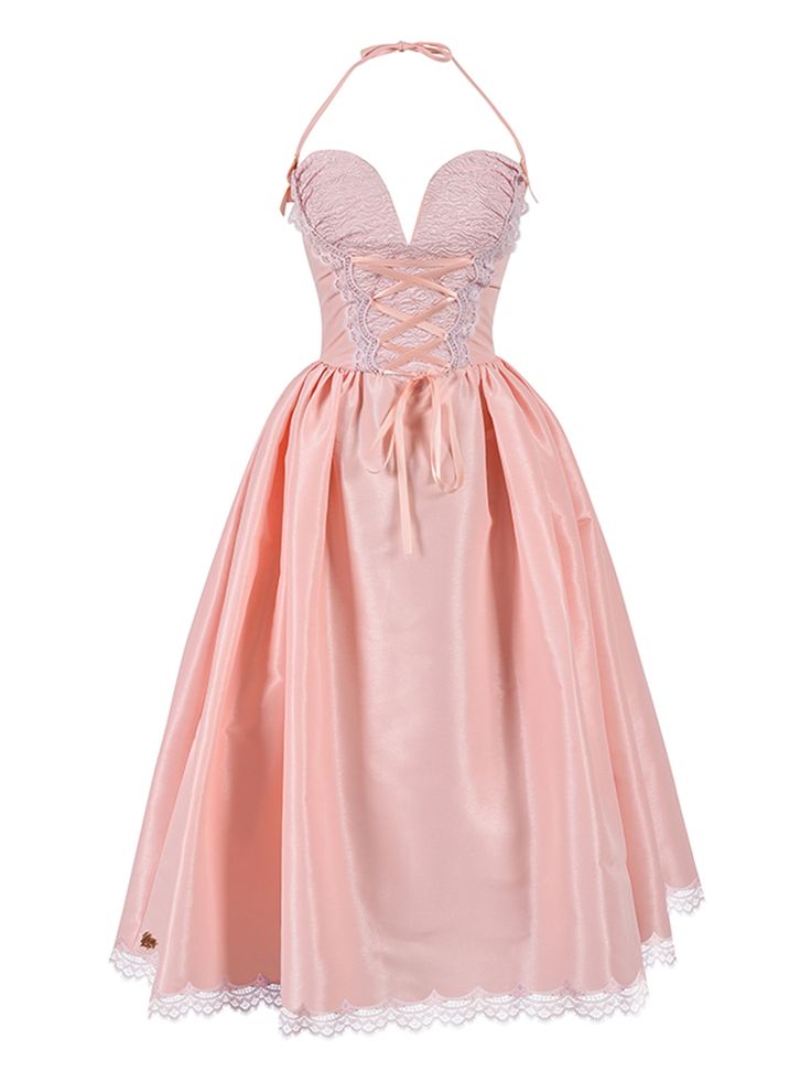 This enchanting dress features a delicate and flattering shade of pink with a pearl-like sheen. The bodice is structured with built-in boning to create a stunning, three-dimensional bust shape. Below the bust, the adjustable sash not only serves as a decorative element but also allows for a customizable fit around the waist. The voluminous skirt is adorned with an entire circle of lace trim, adding a touch of vintage charm while imparting a youthful look. Embrace the timeless elegance of Lolita Spring Dresses With Ruched Bodice And Overbust Shape, Fitted Feminine Satin Corset Dress, Spring Satin Evening Dress With Boned Bodice, Pink Sleeveless Corset Dress For Spring, Spring Sleeveless Pink Corset Dress, Fitted Pink Satin Corset Dress, Pink Fitted Midi Dress With Ruched Bodice, Pink Satin Corset Dress For Prom, Pink Satin Corset Dress For Prom Season