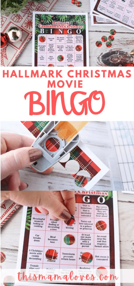 the christmas movie bingo game is being held up by someone using scissors to cut it