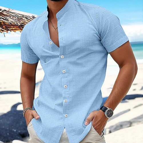 Season:Summer; Fabric:Cotton And Linen; Sleeve Length:Short Sleeve; Look After Me:Washable,Wet and Dry Cleaning; Gender:Men's; Style:Fashion,Comfortable; Tops Type:Summer Shirt,Band Collar Shirt,Beach Wear,Button Up Shirt,Linen Shirt,Shirt; Occasion:Vacation,Daily,Casual,Streetwear,Hawaiian; Pattern:Plain; Neckline:Band Collar; Brand:OUKU; Listing Date:07/18/2024 Summer Solid Color Short Sleeve Button-up Shirt, Casual Collar Short Sleeve Shirt For Beach Summer, Summer Short Sleeve Shirt With Casual Collar, Casual Collar Short Sleeve Shirt For Summer, Solid Color Short Sleeve Shirt With Buttons For Summer, Solid Short Sleeve Shirt With Buttons For Summer, Summer Shirt With Casual Collar And Buttons, Solid Color Short Sleeve Button-up Shirt For Summer, Vacation Cotton Shirt In Solid Color