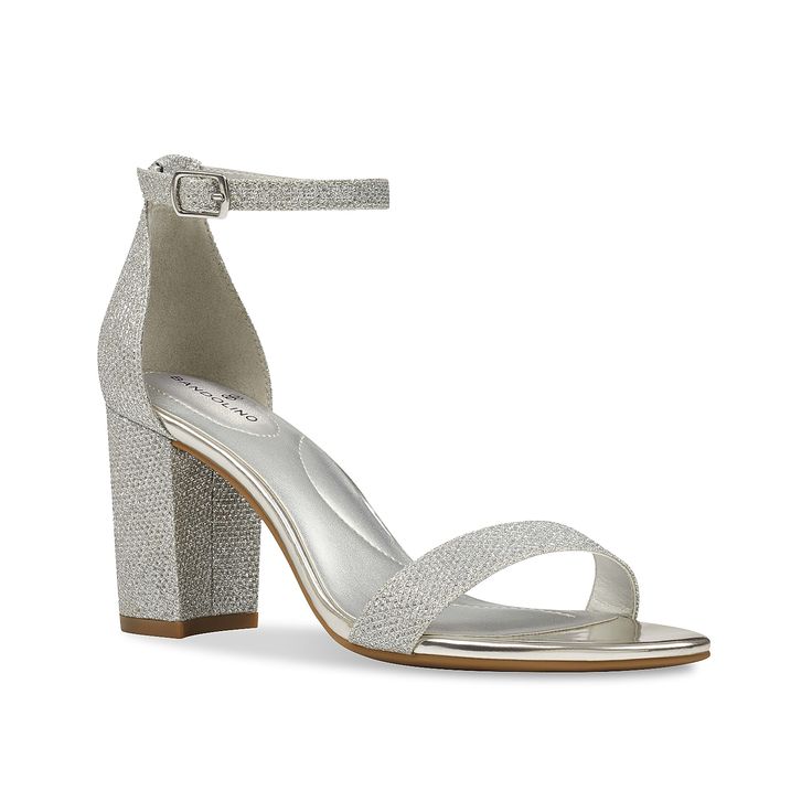 Bandolino-Armory Sandal Feel poised and polished when styling the Armory sandal from Bandolino. This two-piece pair is fashioned with a versatile hue that easily matches your favorite #Ootn! Metallic Sandals With Stacked Block Heel, Metallic Sandals With Stacked Heel For Party, Metallic Open Toe Sandals With Stacked Heel, Silver High Heel Block Heels With Stacked Heel, Silver Block Heels With Stacked High Heel, Silver High Block Heels With Stacked Heel, Summer Silver Heels With Stacked Heel, Silver Heels With Stacked Heel For Summer, Silver Glitter Ankle Strap Heels