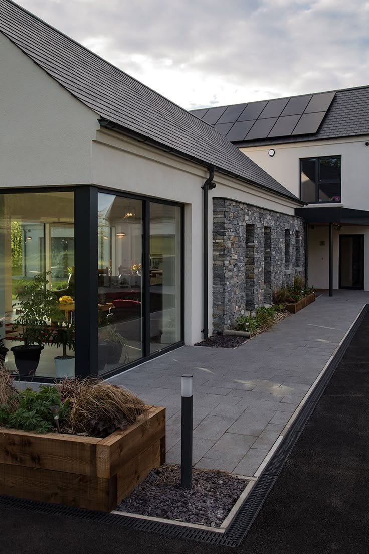 an outside view of a house with windows and plants in the front yard, next to a walkway