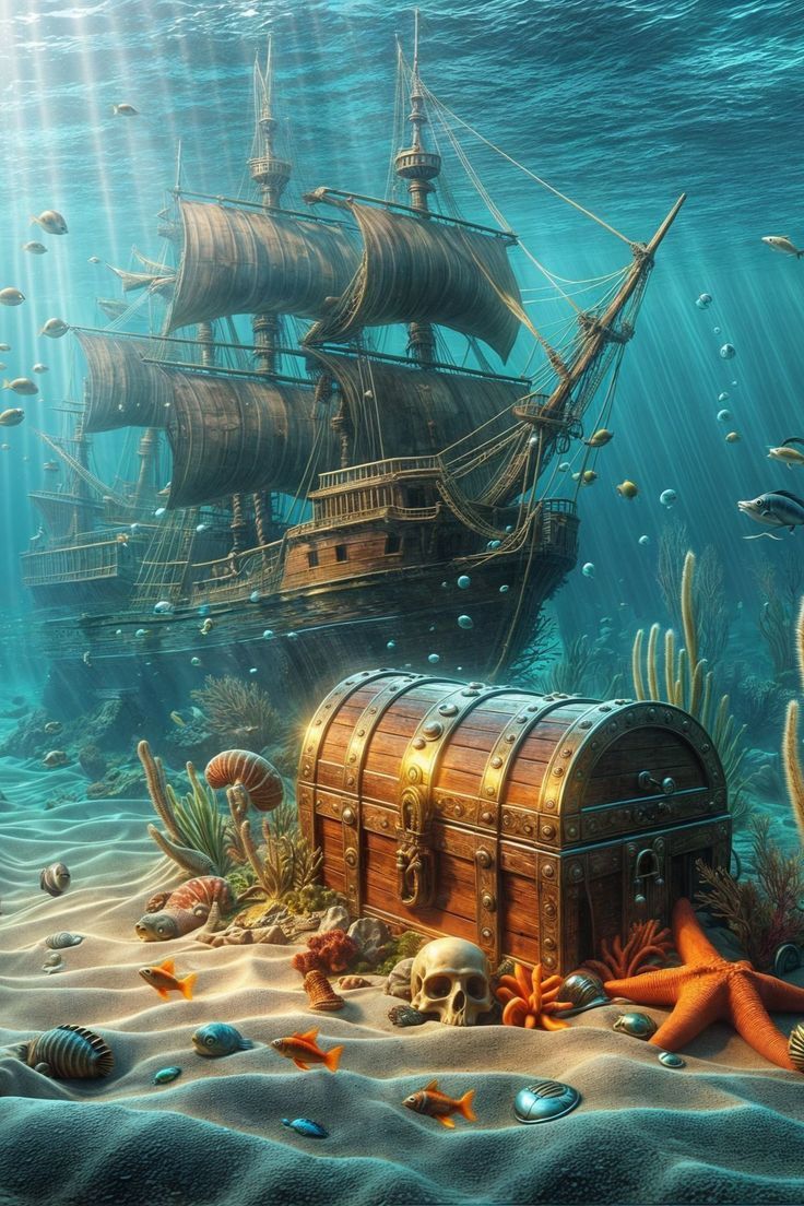 an underwater scene with a pirate ship in the ocean and other sea creatures surrounding it