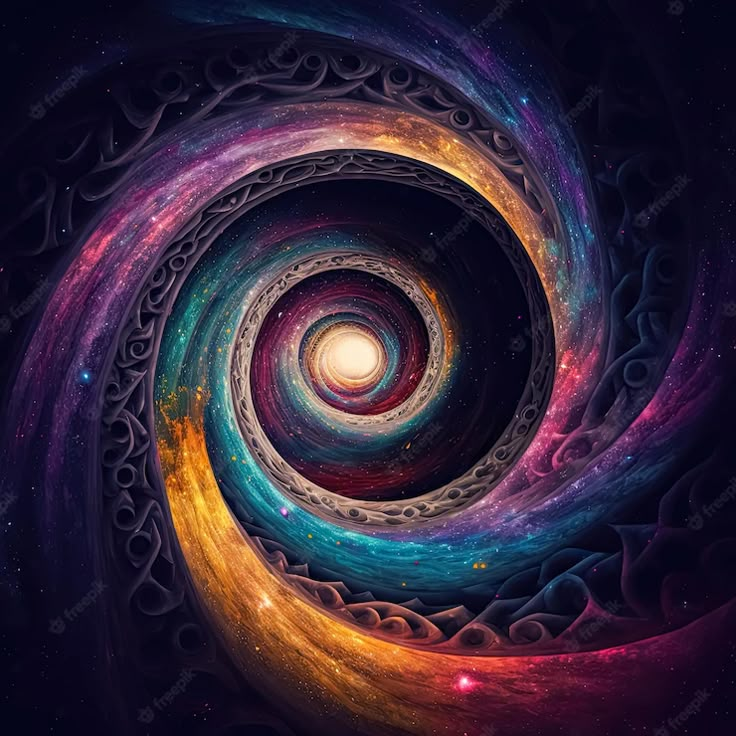 an abstract painting with colorful swirls and stars in the center on a black background