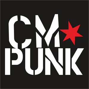 the cm punk logo is shown in white and red on a black background with stars