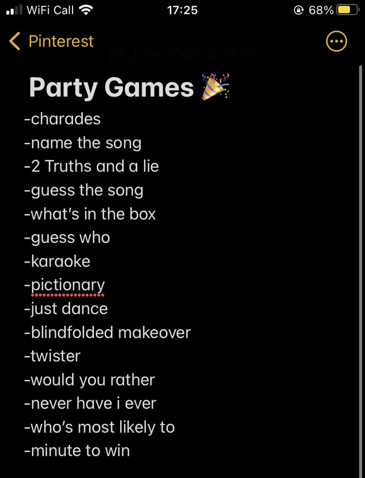 the party games list is displayed in this screenshote image, which shows how to play it