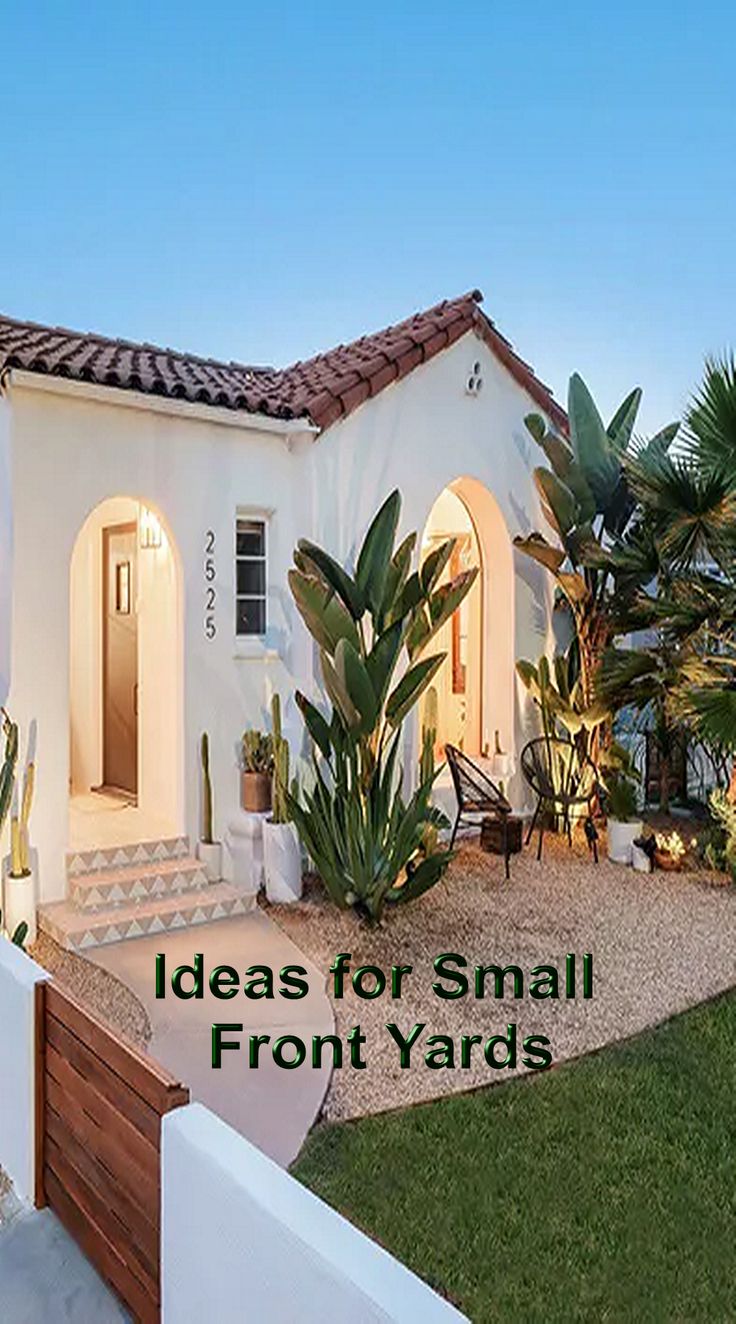 a small white house with plants and trees in the front yard that says ideas for small front yards