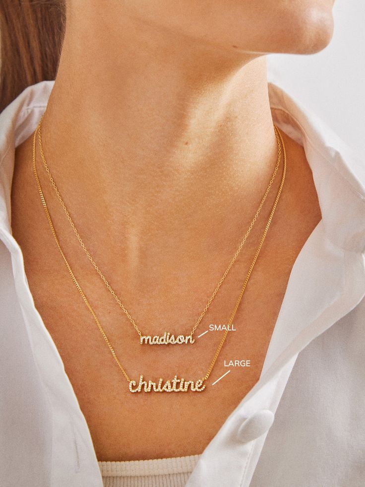 For those who like to add a little bit of sparkle to their personalized pieces, we designed the Pavé Custom Nameplate Necklace. Choose from either uppercase block or lowercase script font to make this style 100% you. The customization of your choice will be placed on a super dainty curb chain. "...after wearing [this necklace] almost daily, the 18K gold plated sterling silver looks as good as new" - Brides (Pavé Custom Nameplate Necklace) Small Name Necklace, Two Name Necklace, Everyday Nameplate Necklace With Names, Everyday Nameplate Name Necklace, Everyday Nameplate Necklace, Customizable Letter Jewelry For Everyday, Classic Everyday Customizable Necklaces, Classic Everyday Customizable Necklace, Classic Nameplate Necklace With Initials