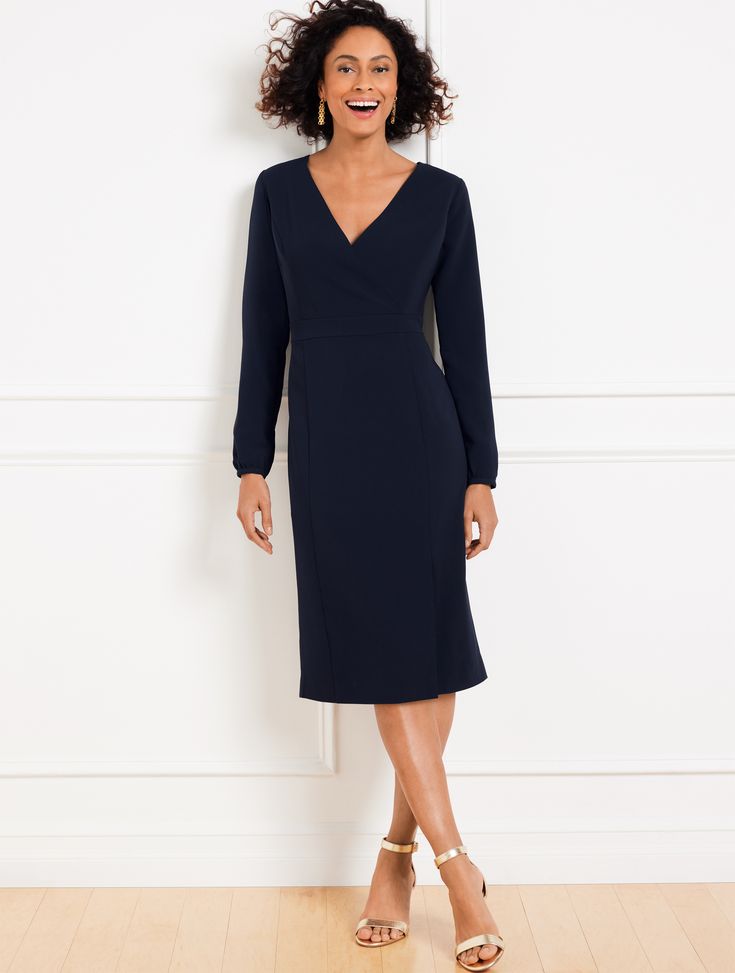 Our oh-so-feminine sheath dress. Lightweight fabric is perfect for work and travel. Simply elegant in an ever-flattering silhouette. Features Sheath Dress Long Sleeve Hidden back zip closure Hits At Knee Lined Imported Fit: Misses: 42 3/4"; Petite: 40 1/4"; Plus: 45"; Plus Petite: 38 1/2" Material: 69% Triacetate, 31% Polyester; Lining: 100% Polyester Care: Machine Wash Cold; Only Non-Chlorine Bleach When Needed; Tumble Dry Low; Cool Iron, If Needed | Easy Travel Long Sleeve Dress Talbots Winter Dresses For Petite Women, A Line Dress Casual Classy, Dresses For Women Over 60, Over 60 Fashion Classy, Sheath Dress Work, Petite Fashion Over 50, Holiday Dresses Classy, Jacket For Dress, Sheath Dresses Work