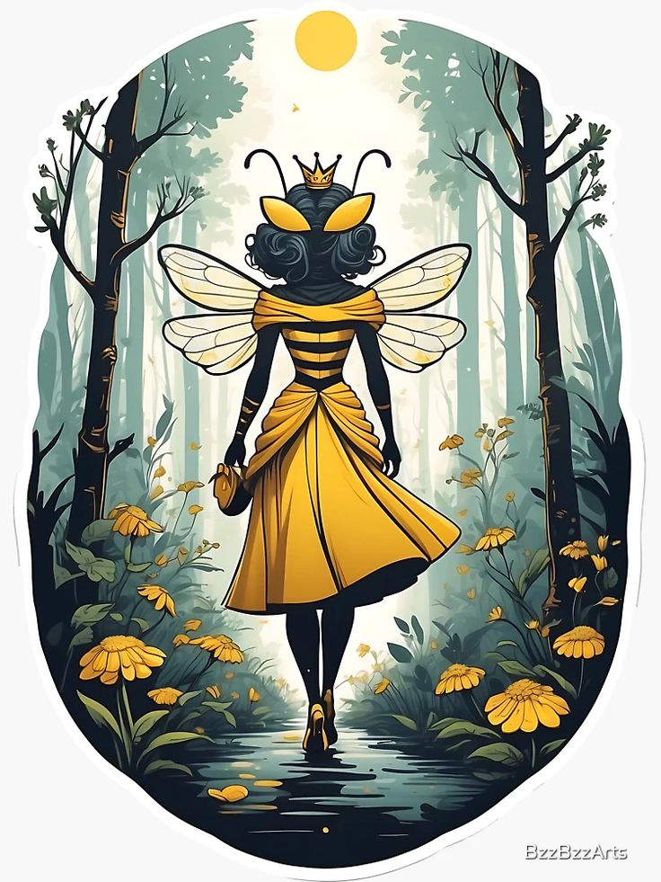 a woman in a yellow dress is walking through the woods with a bee on her head