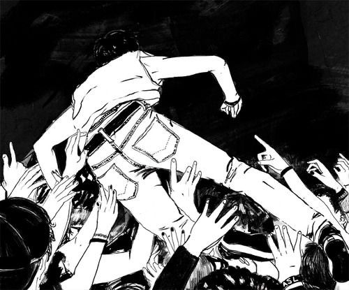 a black and white drawing of a man falling off his skateboard into the crowd