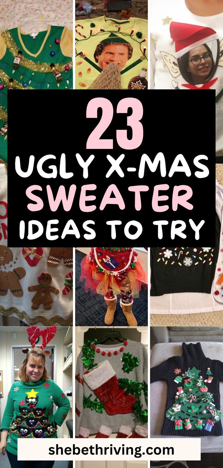 24 Best DIY Ugly Christmas Sweater Ideas You'll Love Ugliest Sweater Contest, Ugly Christmas Sweaters Diy Grinch, Diy Christmas Sweater Ideas Funny, Funny Christmas Outfit Ideas, Gingerbread House Ugly Sweater Diy, Igly Christmas Sweater, Diy Cute Ugly Christmas Sweater, Boys Ugly Christmas Sweater Diy, Men’s Diy Ugly Christmas Sweater