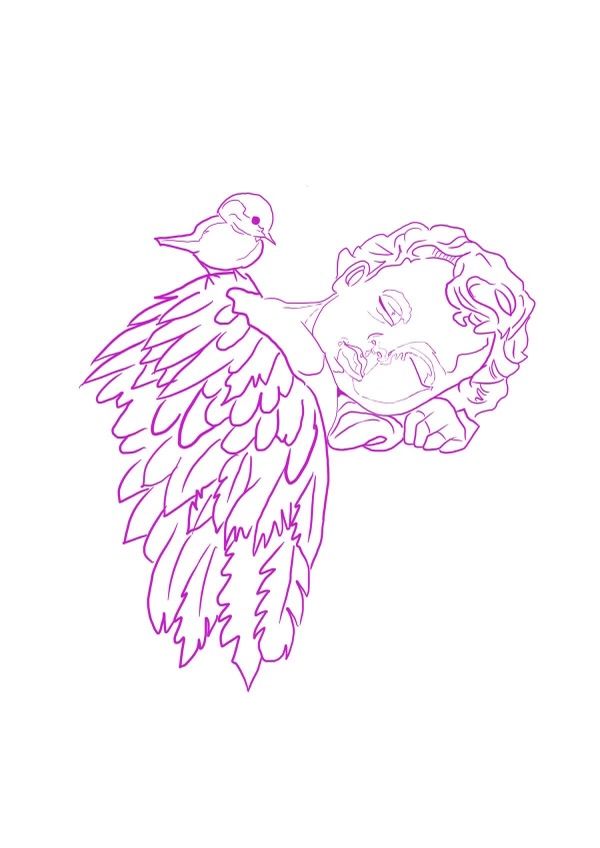 a drawing of a woman's face with wings and a bird on her shoulder