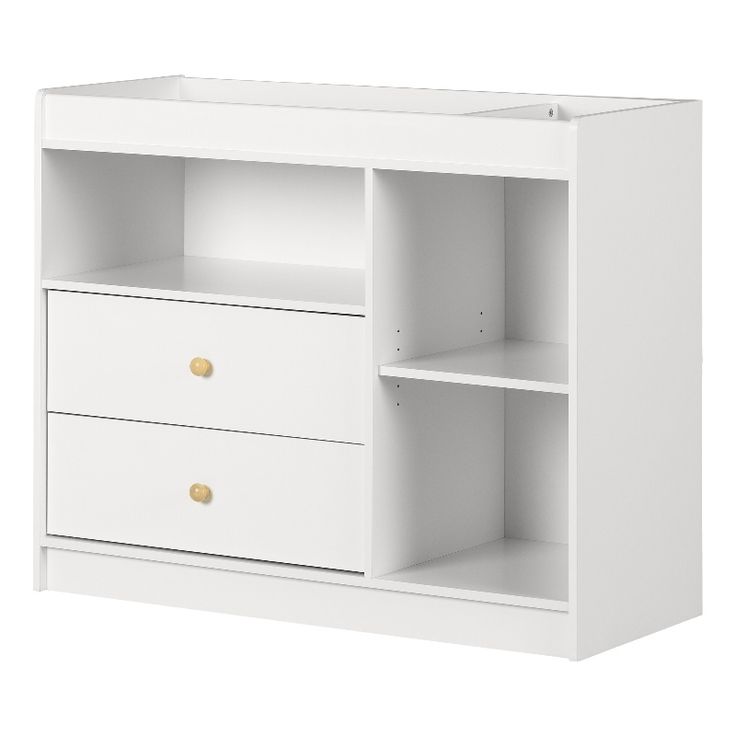 a white cabinet with two drawers and one drawer open on the side, against a white background