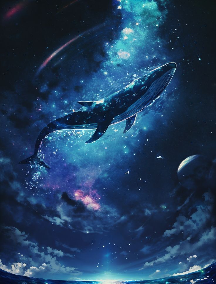 a whale floating in the sky with stars and clouds