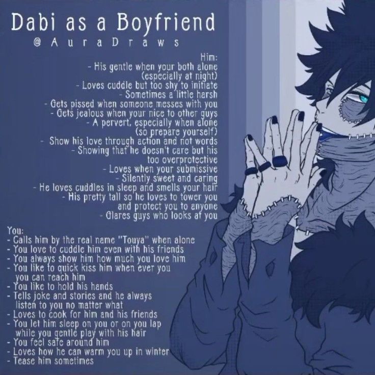 an anime character holding his hand up to his face with the caption dabi as a boyfriend