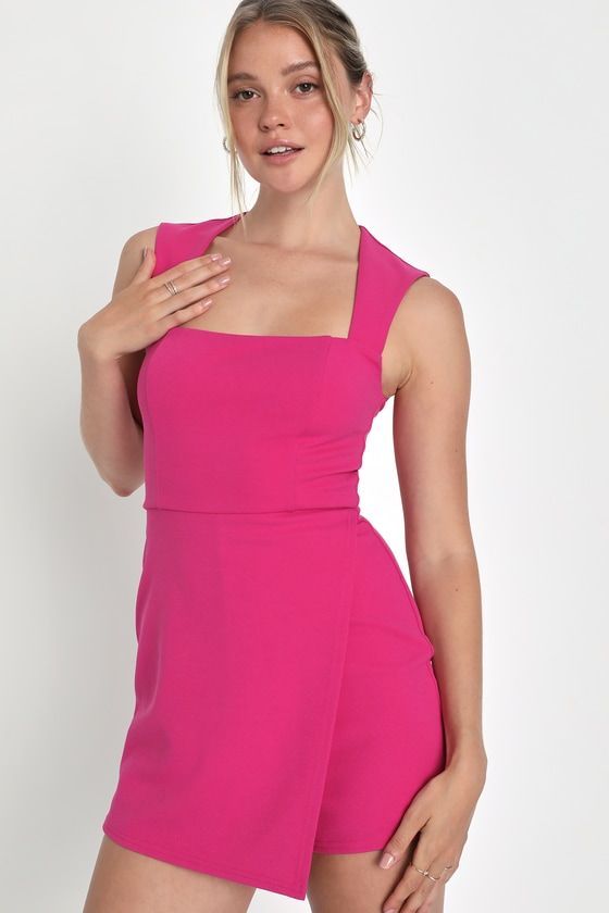 Hot Pink Skort Romper - Square Neck Romper - Sleeveless Romper - Lulus Fitted Pink Square Neck Tank Top, Fitted Tank Top With Built-in Bra For Date Night, Fitted Flirty Sleeveless Tank Top, Fitted Sleeveless Flirty Tank Top, Fitted Pink Tank Top With Built-in Bra, Fitted Elastane Tank Top For Party, Fitted Short Length Tank Top For Spring, Chic Fitted Pink Tank Top, Fitted Square Neck Tank Top For Night Out