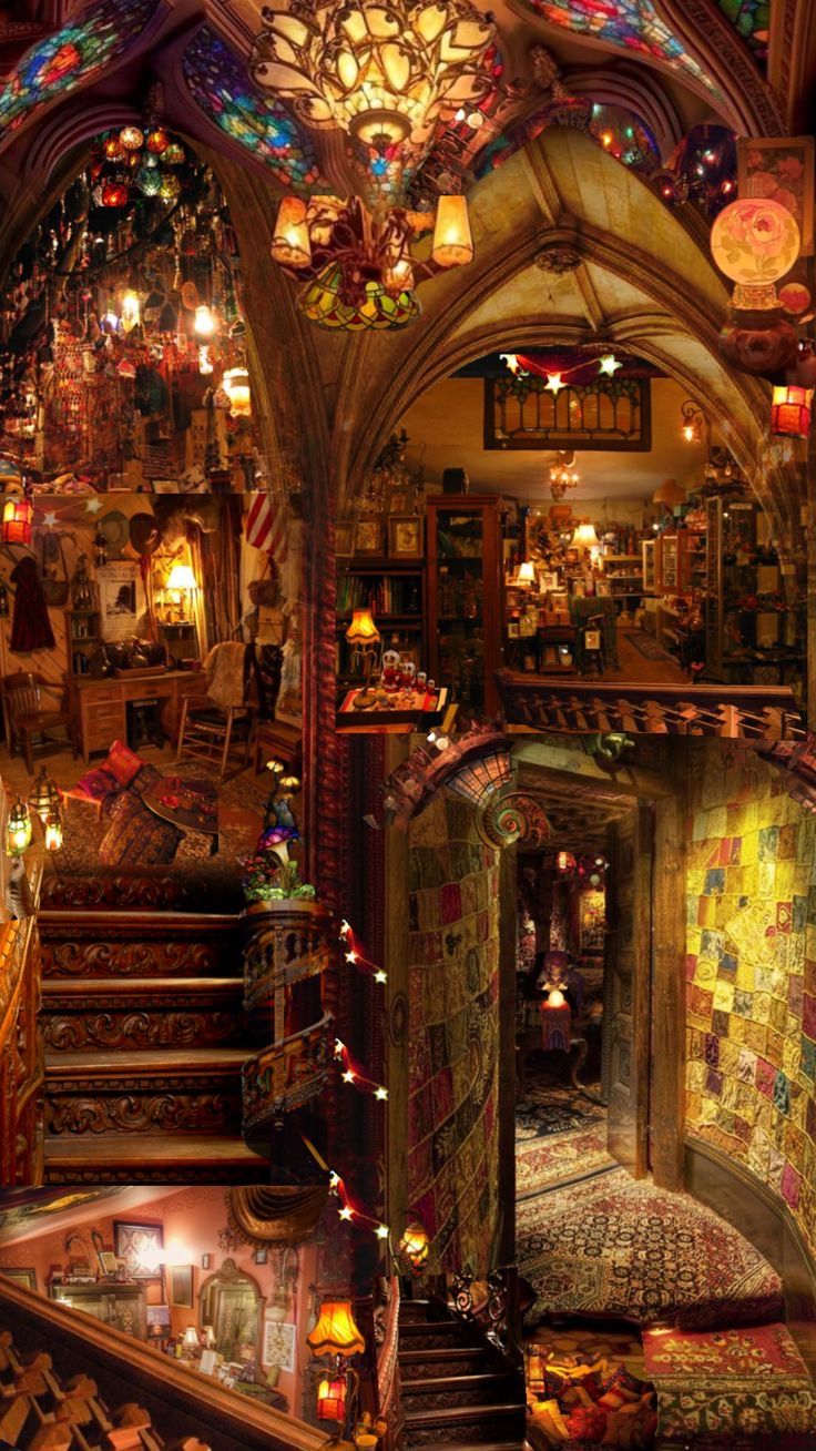 an elaborately decorated room with stained glass windows and lights on the ceiling, is shown in this image